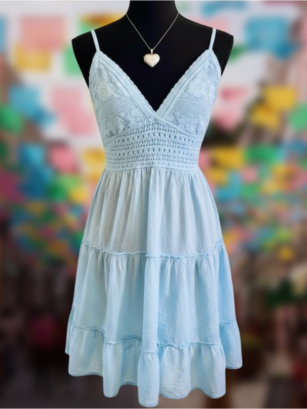 Light Blue Cotton Gauze Crochet Lace Tiered Mini Dress - Size L - Peru